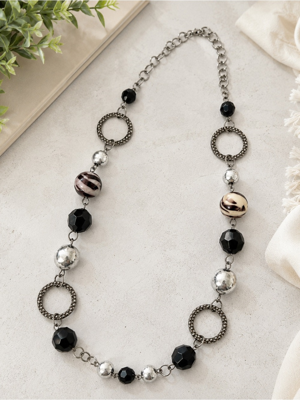 Black Silver Beaded Statement Necklace Geometric Circle Link Adjustable